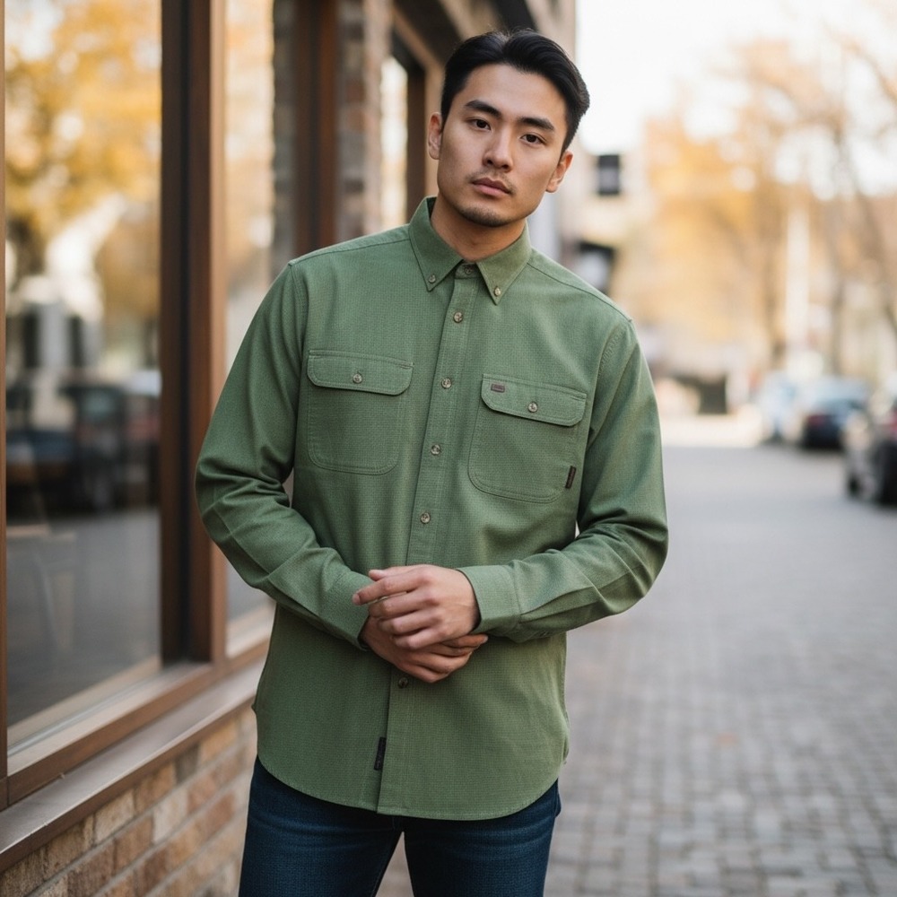 Timberland Weathergear Green Textured Long Sleeve Button‎ Up Shirt Men Size S